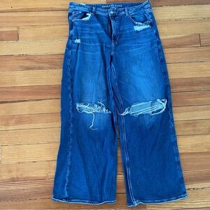 American Eagle Jeans Womens 18 Super High Rise Baggy Wide Leg Distressed Blue